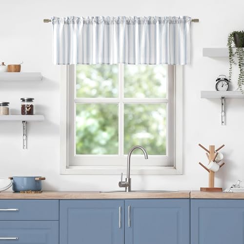 ZJDECOR Blue White Striped Semi Sheer Kitchen Curtain Valances,55" Wx15 Lx1