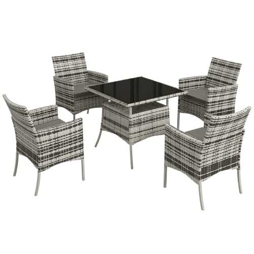Image of Outsunny 4 Seater Graden Rattan Dining Set w/Cushions 5 Pieces Mixed Grey