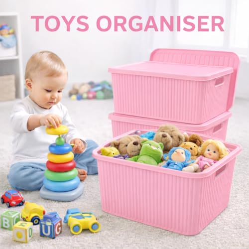 Image of Plastic Storage Box with Lid - Large Stackable Organizer Storage Box for Clothes, Toys, Kitchen - Big Size Plastic Storage Container Basket for Home, Office, Bathroom(Large,Pack of 2,Pink)