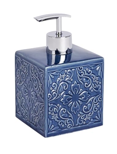 WENKO Seifenspender Cordoba Blau Keramik - Flüssigseifen-Spender, Spülmittel-Spender Fassungsvermögen: 0.5 l, Keramik, 8.5 x 13 x 8.5 cm, Blau, 13 x 8.5 x 8.5 cm