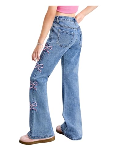 WDIRARA Girl's Cute Bowknot Embroidery Flare Jeans Y2k High Waisted Bootcut Denim Pants