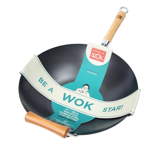School of Wok - 14/36cm Carbon Steel Flat Bottom Wok, Induction Hobs, with Bamboo Wooden Handle, Stir-Fry Pan