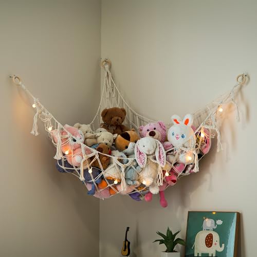 Image of Stuffed Animal Storage Macrame Hammock w /Lights - Large, 2 Pack - Boho Decor Toy Storage - Corner Hanging Plushie Stuffed Animal Net Organizer (White)