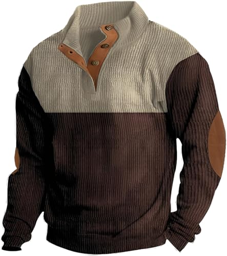 TIAFORD Men's Corduroy Stand Collar Long Sleeve Patchwork Sweatshirt Oversized Button Up Fall Outdoor Henley Pullover Tops2