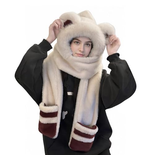 Cute Bear Ears Plush Winter Hat with Scarf Gloves Set Thicken Warm Faux Fur 3 in 1 Hooded Scarf for Women Girls