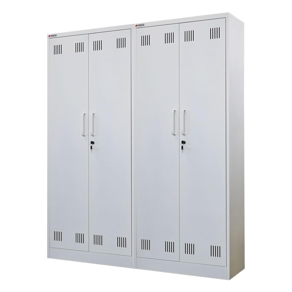 PROREGAL Mega Deal 2X Putzmittelschrank Rhino Metall 2 Türen abschließbar Besenschrank schmal 170x70x30cm 5 Fächern & Kleiderstange Stahl Weiß Putzschrank Mehrzweckschrank Haushaltsschrank