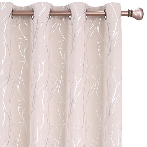 SMILE WEAVER Cream Blackout Curtains 72 Inch Lengt Long for Living Room,Room Darkening Curtains with Silver Branch Print,Grommet Thermal Insulated Window Treatment Drapes for Bedroom 2 Panels