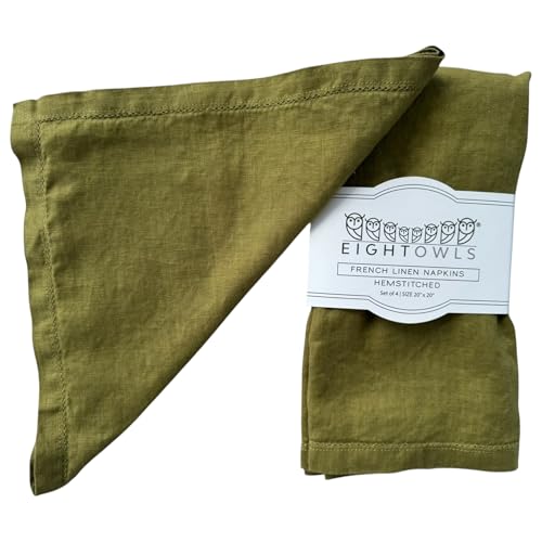 Hemstitched Linen Napkins – 20 Inch x 20 Inch – Stonewashed Pure Linen Cloth Dinner Napkins with Mitered Corners - 100% French Flax – Machine Washable - Set of 4 (Olive Green)