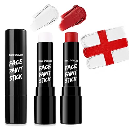 Image of BADCOLOR Red White England Face Body Paint Stick Set, Oil Based Fan Makeup Stick for Canada Switzerland Austria, Waterproof Face Paint for Football /Rugby /Softball /Baseball /Lacrosse, Sports Accessories