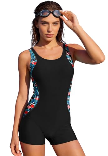 Zando Boyleg Swimsuits for Women Tummy Control One Piece Swim Suits for Women 2026 Conservative Bathing Suits for Water Fun Modest Full Coverage Swimsuit for Swimming Laps Aque Fitness Red Flower XL