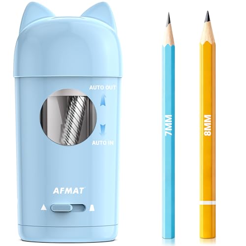 AFMAT Vollautomatischer Elektrischer Anspitzer mit Katzenohren, Auto in & Out, Wiederaufladbarer Bleistiftspitzer mit Behälter für 7-8mm Stifte,Autostopp Elektrischer Spitzer für Haus,Büro,Schule,Blau