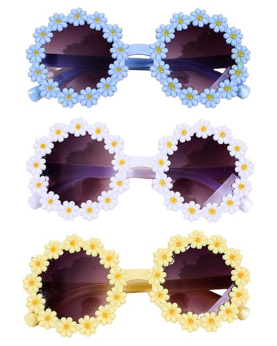 AORHOFJ 3pcs Damen Sonnenbrille,witzige sonnenbrillen,blumen sonnenbrille,sonnenbrille rund,Klassische Daisy Runde Sonnenbrille sonnenbrille kinder ， Schön Spiegel Sonnenbrille UV400，Mit Kind geeignet