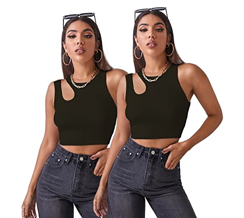 Image of Shasmi Women's & Girls' Solid Ribbed Round Neck Collarless Sleeveless Slim Fit Cut Out Tank Tops (Pack of 2) (TOP 48 Black Black L)