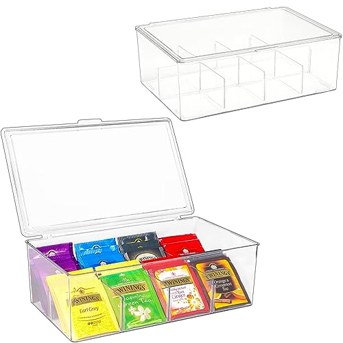 NALACAL Tea Bag Organizer Clear Acrylic Tea Storage Box with Lid Plastic Tea Bag Holder Stackable Tea Organizer for Tea Bags Container Dispenser for Cabinet Pantry Counter Countertop -Clear