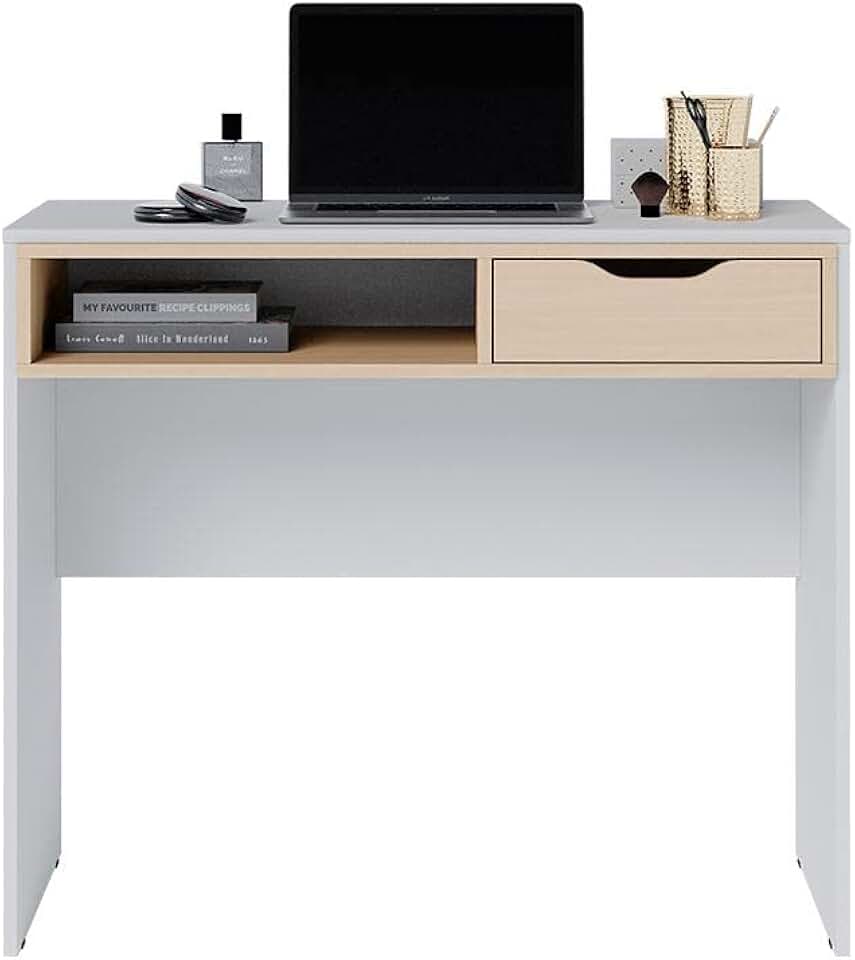 Escrivaninha Bit Colibri, Branco Fosco e Tauari Nobre, MDP, 90x44x77,5 cm, 1 Gaveta, 2 Pés de Madeira