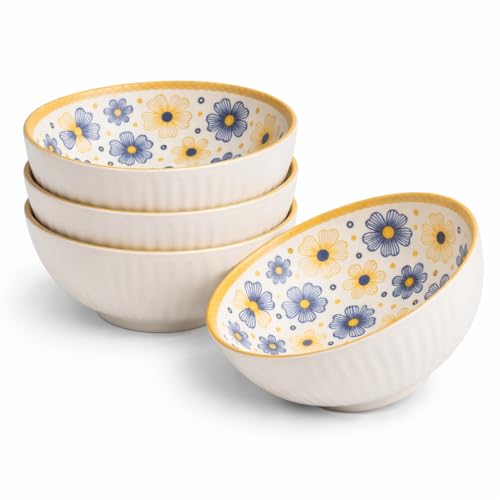 Image of Bohemian Porcelain Bowls Set of 4 | 300 ml Microwave & Dishwasher Safe | Designer Soup, Cereal & Snack Bowls