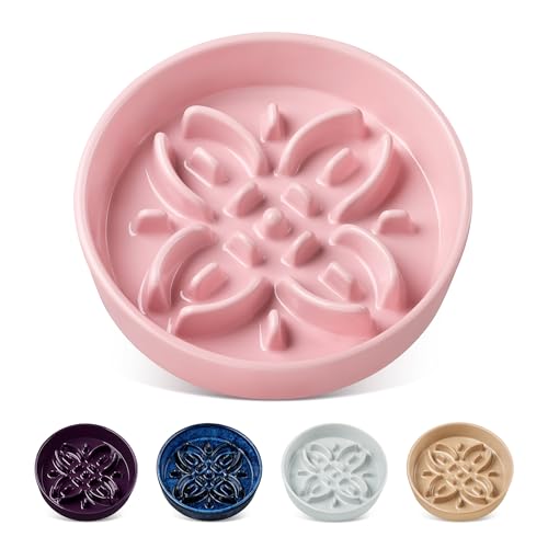 vancasso Ceramic Slow Feeder Dog Bowls Puzzle Dog Food Bowls with Floral Maze Anti -Slip Pet Food Dish for Small Breed 0.6 Cups Pink