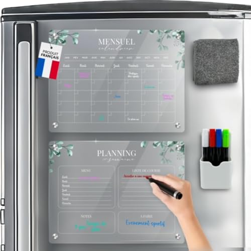 Salya Shop Lot De 2 Calendrier Frigo Magnétique 40x30cm - Planning Frigo Effaçable Avec Calendrier Mensuel, Planificateur Hebdomadaire, Menu, Courses, 4 Marqueurs Et Chiffon Inclus