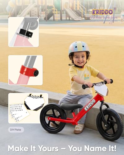 Image of KRIDDO Toddler Balance Bike 2 Year Old, Age 18 Months to 5 Years Old, 12 Inch Push Bicycle with Customize Plate (3 Sets of Stickers Included), Steady Balancing, Gift Bike for 2-3 Boys Girls, Red