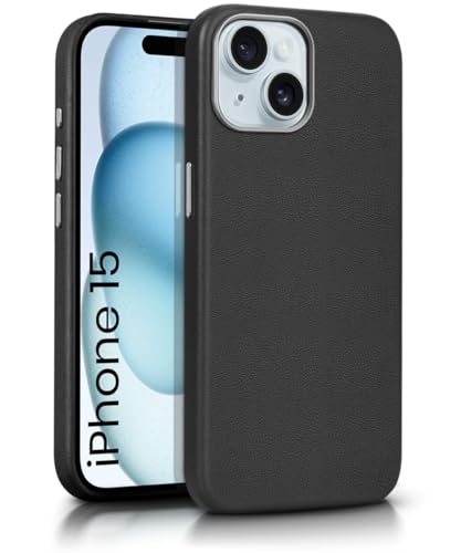 Image of WOW IMAGINE Back Cover for iPhone 15 | Shockproof Tough Leather Texture Hard Mobile Case | Ultra Slim Non-Slip Grip | Inner Velvet Fabric | Metal Camera Ring - Black