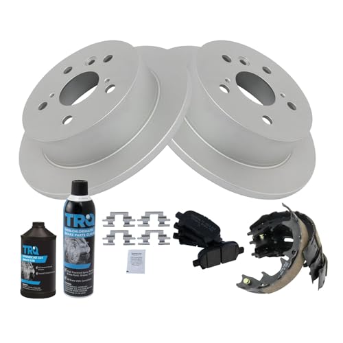 Image of TRQ Rear Brake Pad & Rotor Kit, with Chemical Kit Parking Brake Shoe Set Ceramic Premium G-Coated Compatible with 2005-2007 Toyota Avalon 2002-2006 Camry 2004-2008 Solara