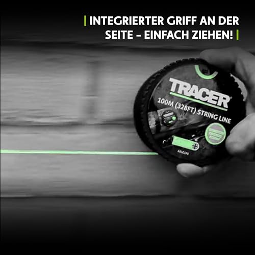 TRACER 100m Maurerschnur - Grün, verhedderungsfrei, hohe Sichtbarkeit, Bauschnur auf rotierender Spule mit integriertem Griff, grüne Baumeisterschnur