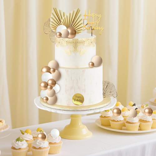 Happy Birthday Tortendeko Geburtstag, 30 Stück Tortendeko Kugeln Cake Topper Happy Birthday, Gold Palmblätter Kuchendekoration für Hochzeit Babydusche Geburtstag Jahrestag