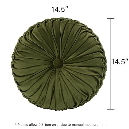 Image of HIG Set of 2 Decorative Round Pleated Throw Pillows, Classy Accent Pumpkin Throw Pillows with Center Button, Vintage Velvet Floor Pillows for Sofa Couch Vanity Chair Bed, Olive, 14.5 inch Diameter(Ripple)