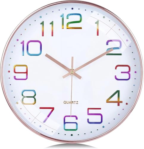 Image of TEKCOOL Plastic Digital Wall Clock 12 inch Silent Quartz Decorative Non-Ticking Classic Clock Battery Operated Round Easy to Read for Room /Home /Kitchen /Bedroom /Office /School- (Rainbow), White;