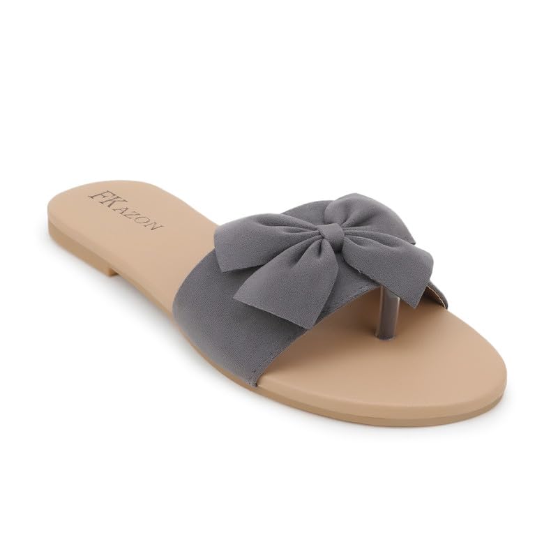 Image of Women's Bow Toe Ring Flats - Stylish & Comfortable Slipers||FK 01 GREY B147 39