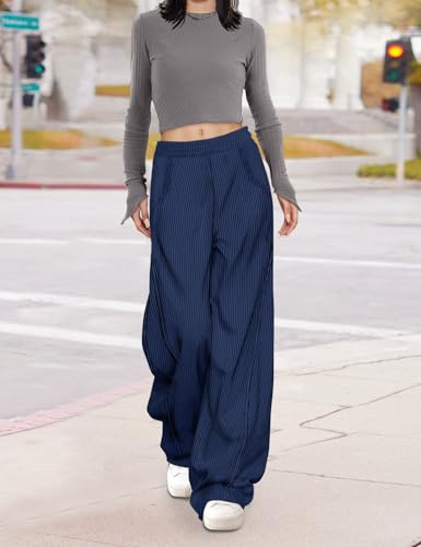 YESNO Women's Corduroy Casual Baggy Pants Elastic Waist Wide Leg Trousers with Pockets PCB2