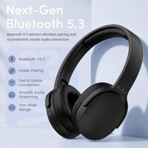 Image of PunnkFunnk BeatXtra Wireless Stereo Bluetooth Headphones V5.3, Over Ear Foldable Headset with 40mm Drivers, Soft Cushioned Ear Pads, Built-in Mic, AUX Input, 10M Wireless Range, Teen & Adults (Black)