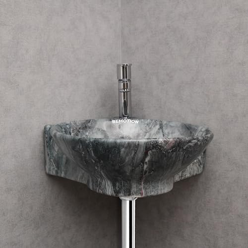 Image of REMOTION Wall Mounted Wash Basin for Bathroom | Wall Hung Corner Sink | Ceramic Round Wall Hung Wash Basin | Wall Hung Small Corner Basin (16.3 x 13.8 x 4.3 Inch) (Marble Blue)