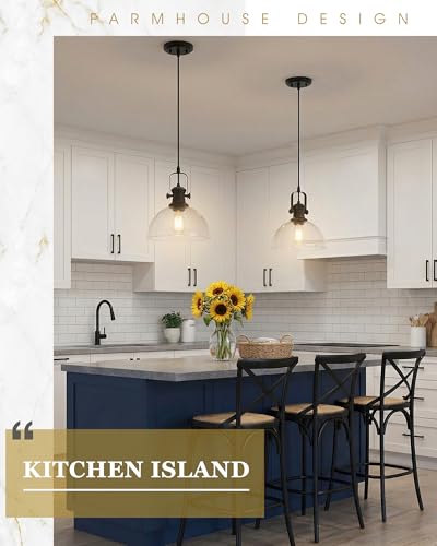 Image of Large Pendant Lights Kitchen Island, 10.5 inch Farmhouse Black Pendant Lighting with Clear Glass Shade, Vintage Hanging Light Fixtures for Dining Room Entryway, Adjustable Cord, AD-22151-1PL-BK-C