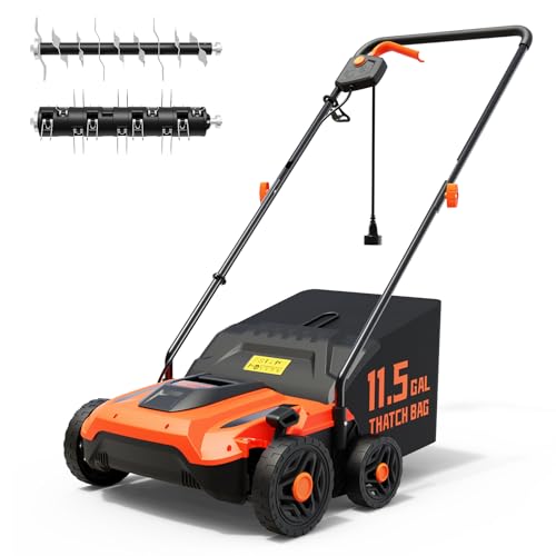 TIECTOWN 14-Inch 13.5 Amp 2-in-1 Electric Dethatcher and Scarifier with 11.5-Gallon Collection Bag, Lawn Dethatcher with 5-Position Depth Adjustment, Blade Replacement Without Tool - Orange