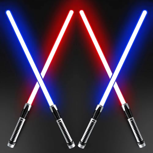 DOMILE Paquete de 4 sables de espada iluminados, cuchillas LED que cambian de color con efectos de sonido, sable iluminado, sable de luz, juego de duelo seguro, regalo para niños y niñas