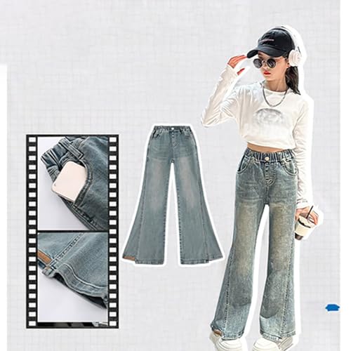 Bell Bottom Jeans for Girls Todder Elastic Waistband Demin Flare Pants Kids Heart Flower Print Wide Leg Trousers with Pocket3