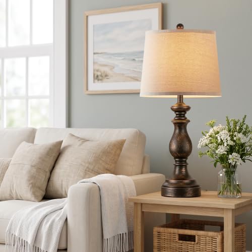 Image of PARTPHONER Traditional Table Lamp Set of 2, Rustic Farmhouse Table Lamps for Living Room Bedroom, 27 inch Bedside Desk Lamps Vintage Nightstand Lamps with Linen Shades, Oil Rubbed Bronze