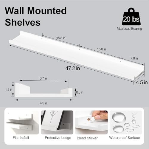 Image of White Floating Shelves for Wall Decor, 48 in Shelf with Lip Set of 2