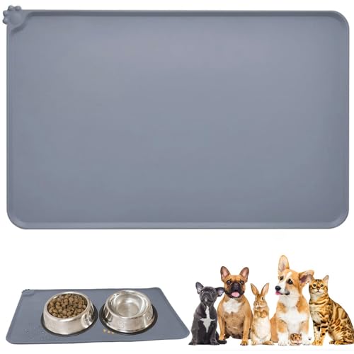 Dog Cat Food Mat, Silicone Dog Bowl Mat, Non-Slip Cat and Dog Feeding Mat, Pet Food Mat, Waterproof Tray Cushion Stop Food Spills and Water Messes Out to Floor Keep Floors Clean (Grey, 48cm*30cm)