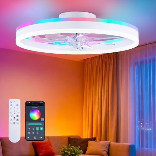 Image of 20 inch RGB Ceiling Fans with Lights and Remote /APP, Dimmable 3000-6500K LED Low Profile Ceiling Fan with Light, Modern Fandelier Flush Mount Ceiling Fan Light for Living Room, Bedroom and Kitchen