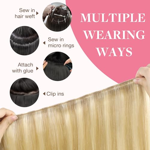 Image of GOO GOO Sew in Hair Extensions Real Human Hair, Weft Hair Extensions Human Hair, 18D /22F Dirty Blonde Highlights 20inch 100g, Weft Bundles Straight Silky Remy Hair