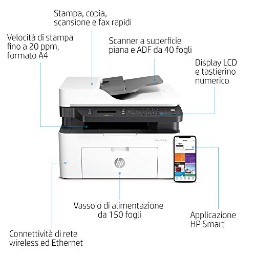 HP Laser MFP 137fnw Stampante Laser Multifunzione Monocromatica, Stampa, Scannerizza, Fotocopia, Fax, Wi-Fi, Wi-Fi Direct, ADF, Bianca