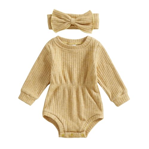 Image of Karwuiio Newborn Baby Girl Fall Outfits Long Sleeve Ribbed Knit Jumpsuit Romper with Headband Infant Clothes Sets