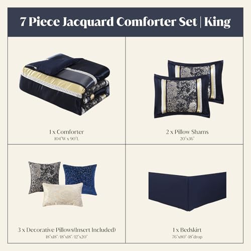 Image of CozyDH 7-Piece Navy Blue Comforter Set King - Luxury Jacquard Damask Vintage Floral Gold Striped Bed in a Bag, All Season Down Alternative Bedding with Bed Skirt, Shams, Decorative Pillows, 104x90 in