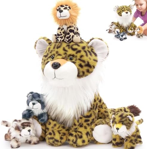 MaoGoLan 5 Pcs Cheetah Stuffed Animals with Babies, Large Leopard Plushies Toys,Mother and Baby Cheetah Stuffed Animal,Leopard Plush with 4 Cubs for Kids, Christmas Birthday Gifts Sitting Style
