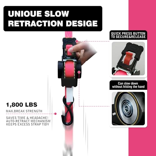 Image of Retractable Ratchet Straps 1 inch x 13Ft, Heavy Duty Self Retracting Tie Down Straps, 1800lb Break Strength Auto Retract Cargo Straps for Truck, Trailer, Motorcycle, ATV, UTV, (Pink, 4 Pack)