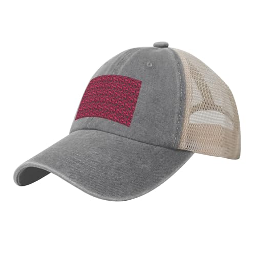 WOmeng Gorra de béisbol de malla vaquera con estampado de flores rojas y rosas, ajustable, transpirable, para uso diario al aire libre, camping, viajes, gris, Talla única