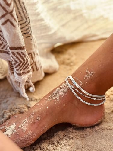 Tewiky Sterling Silver Ankle Bracelets for Women,Dainty Layered Waterproof Anklet for Women Adjustable Sparkly Herringbone Beaded Rope Chain Set Stackable Cute Summer Beach Jewelry Gift2