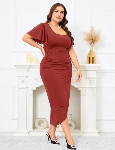 Image of ZOMVA 2024 Plus Size Cocktail Dress Comfortable Bell Sleeves Wedding Guest Square Neck Semi Formal
